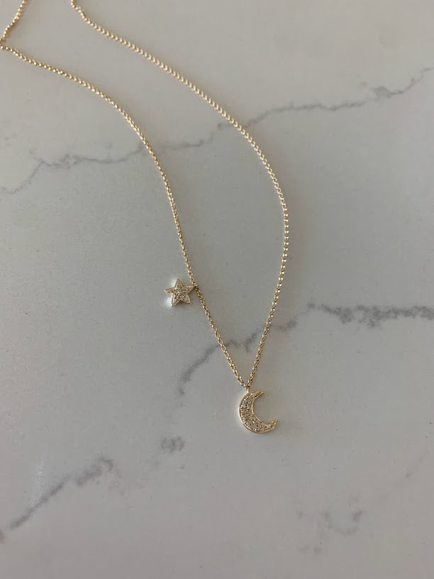 14K Gold Crescent Moon & Star Necklace with Diamonds