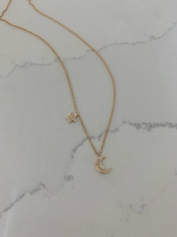 14K Gold Crescent Moon & Star Necklace with Diamonds