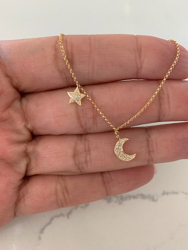 14K Gold Crescent Moon & Star Necklace with Diamonds
