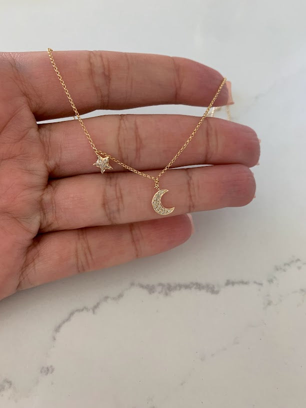 14K Gold Crescent Moon & Star Necklace with Diamonds