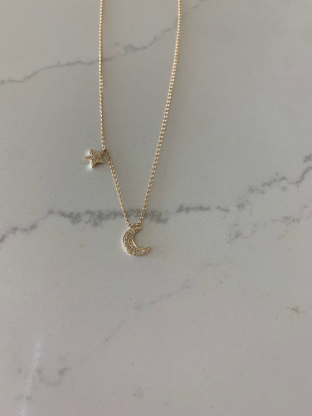 14K Gold Crescent Moon & Star Necklace with Diamonds