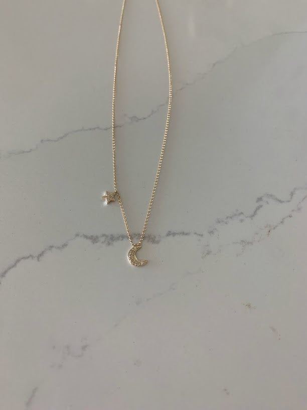 14K Gold Crescent Moon & Star Necklace with Diamonds