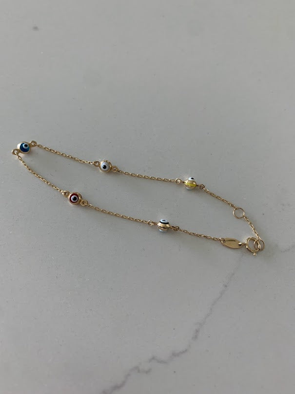 14K Gold Multicolor Evil Eye Bracelet , Blue, Red, White and Yellow Evil Eye, 3mm Eye Diameter, 7