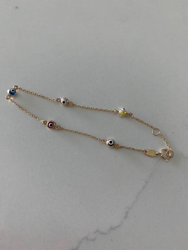 14K Gold Multicolor Evil Eye Bracelet , Blue, Red, White and Yellow Evil Eye, 3mm Eye Diameter, 7