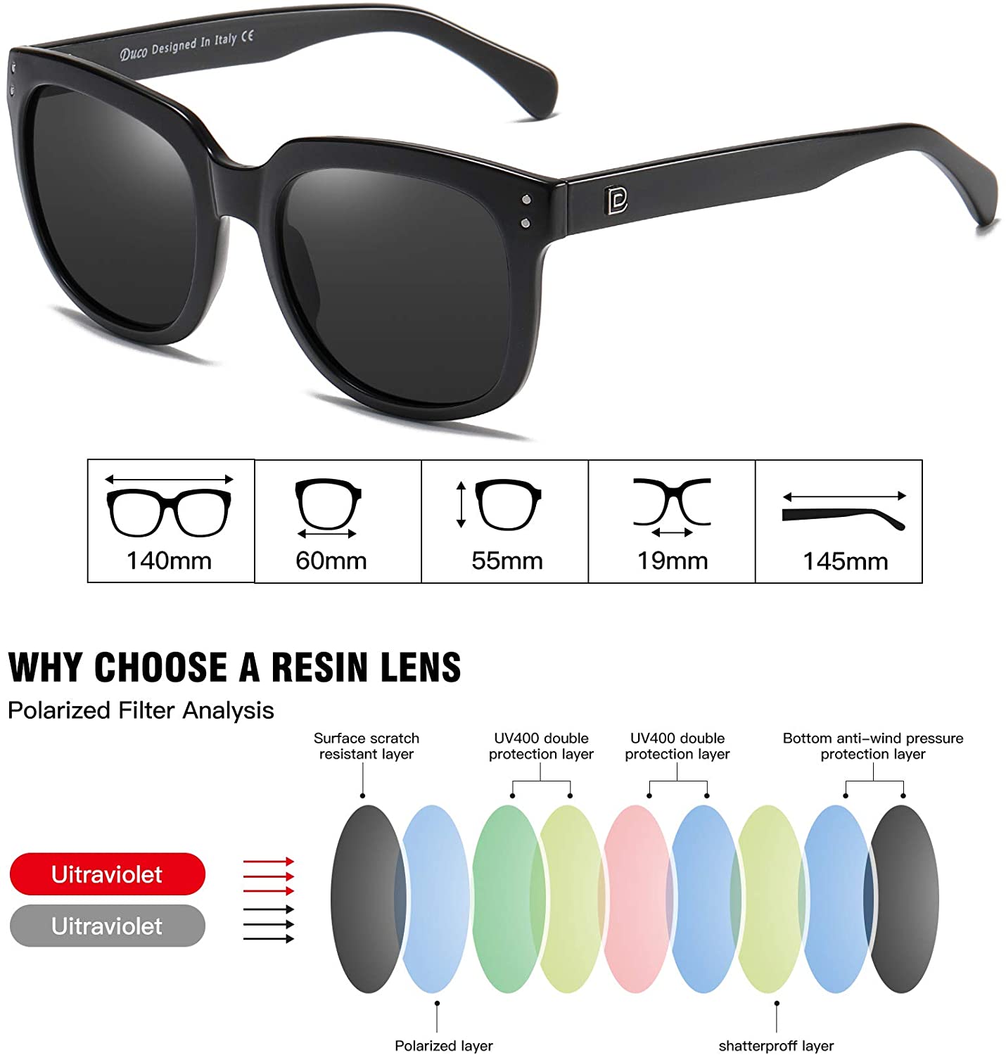 Duco Classic Oversized Frame Womens Polarized Sunglasses 100% UV