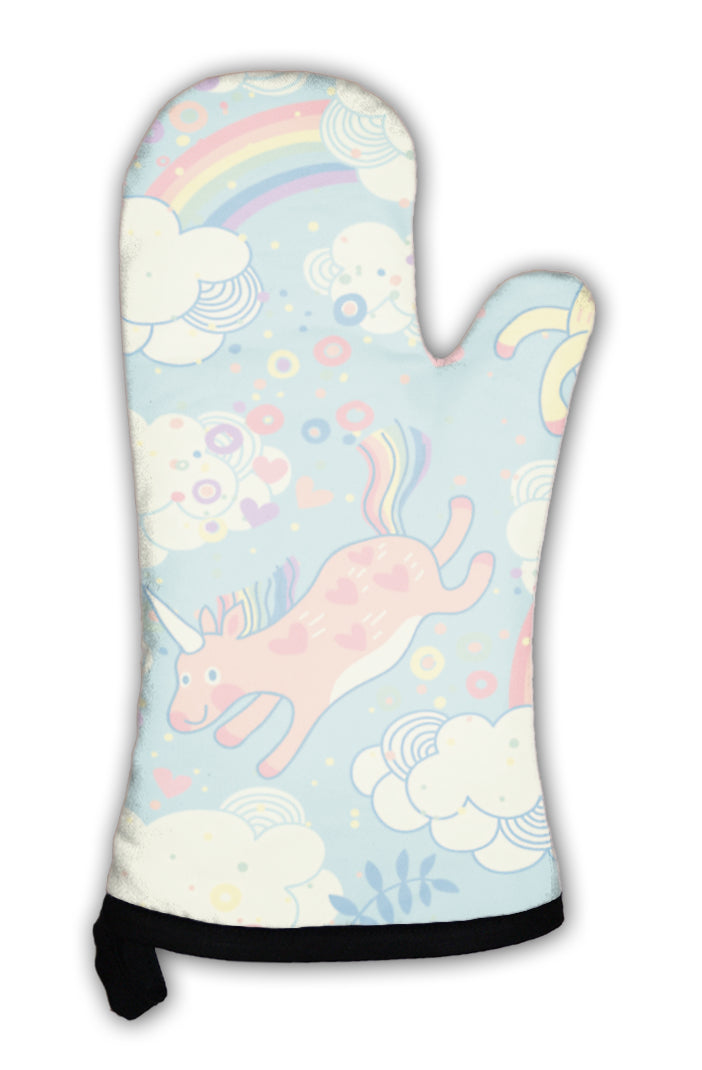 Oven Mitt, Cute Pattern With Rainbow Unicorns In The Clouds