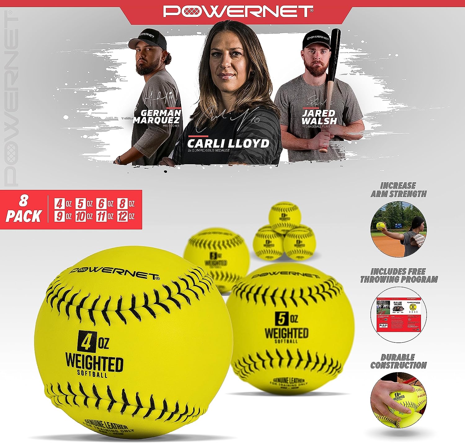 Powernet Weighted Softballs | 8 Different Weights Included | 4 to 12 oz