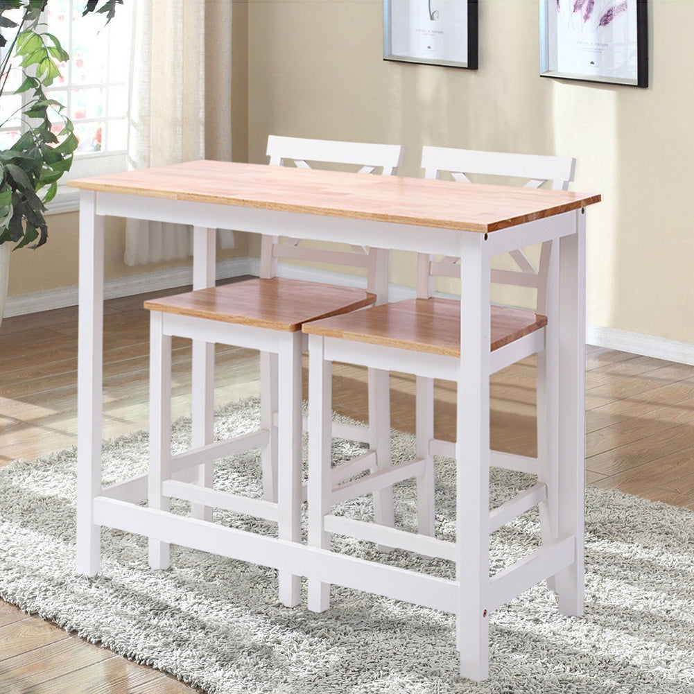 3 Piece Pine Pub Bar Table Set Kitchen Counter Height Table Set with 2 Stools