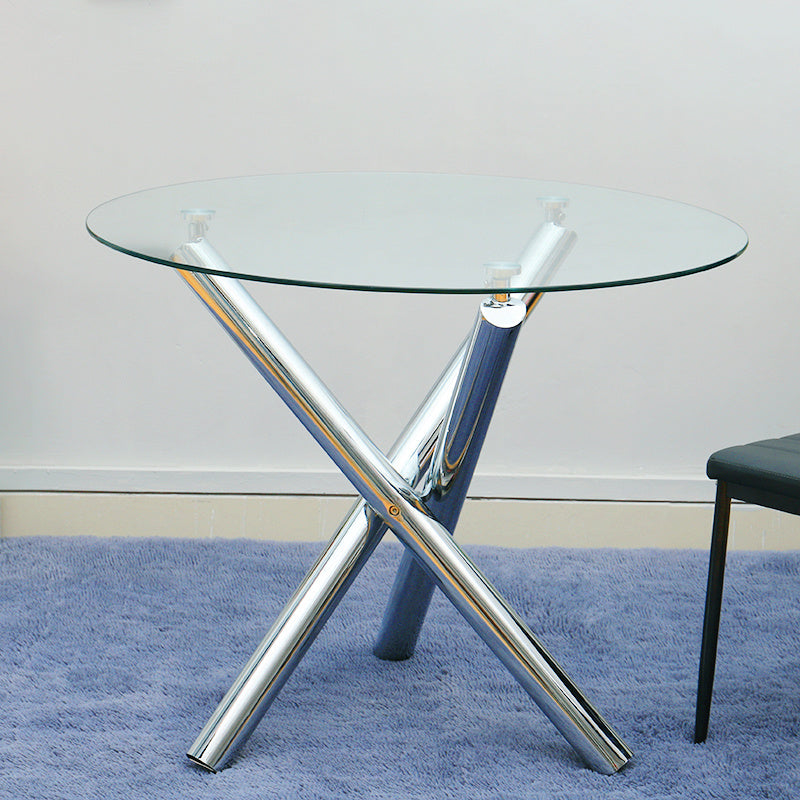 Modern Round Tempered Glass End Table Accent Table in Silver Chrome