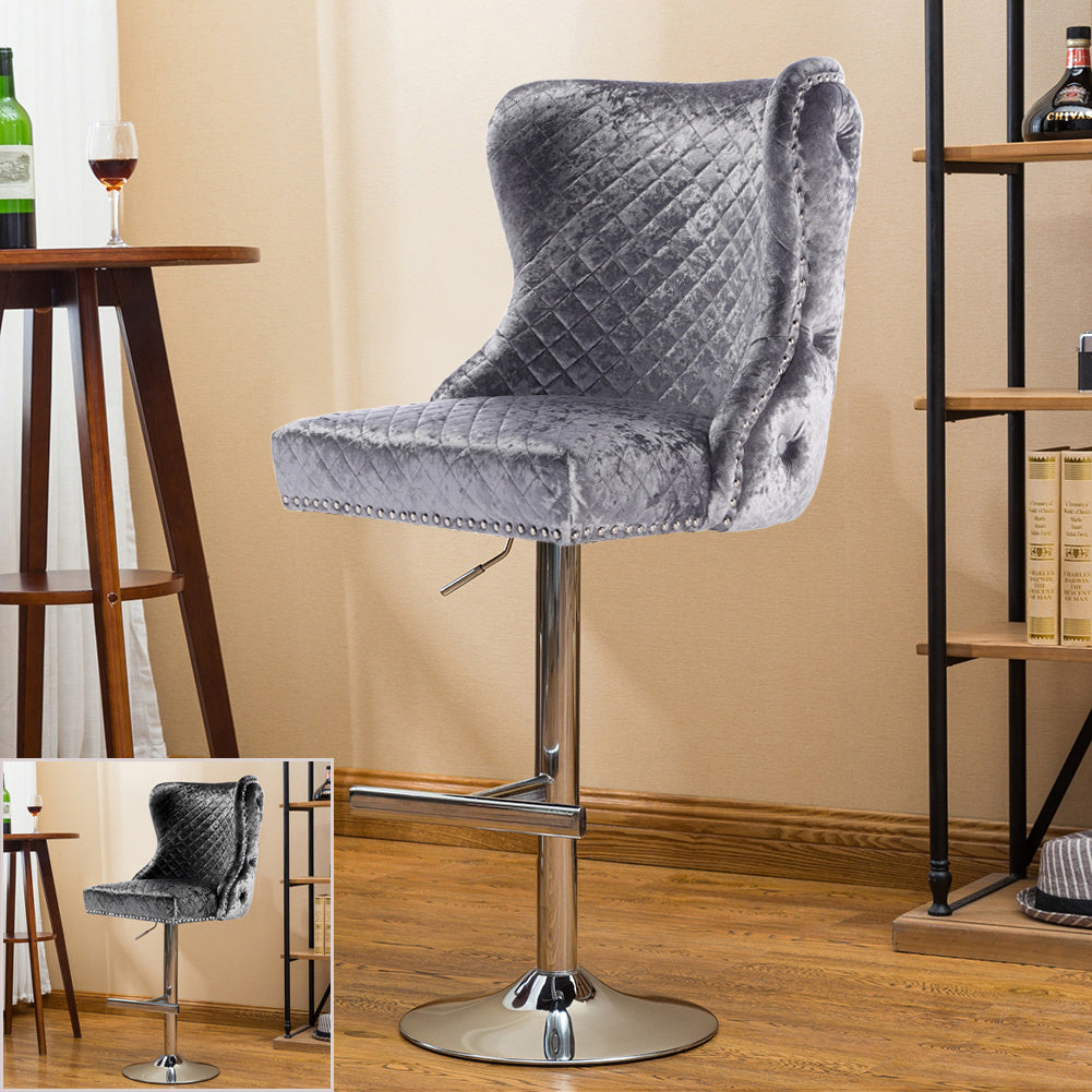 Crushed Velvet Padded Bar Stool Swivel Gas Lift Tufted Pub Stool