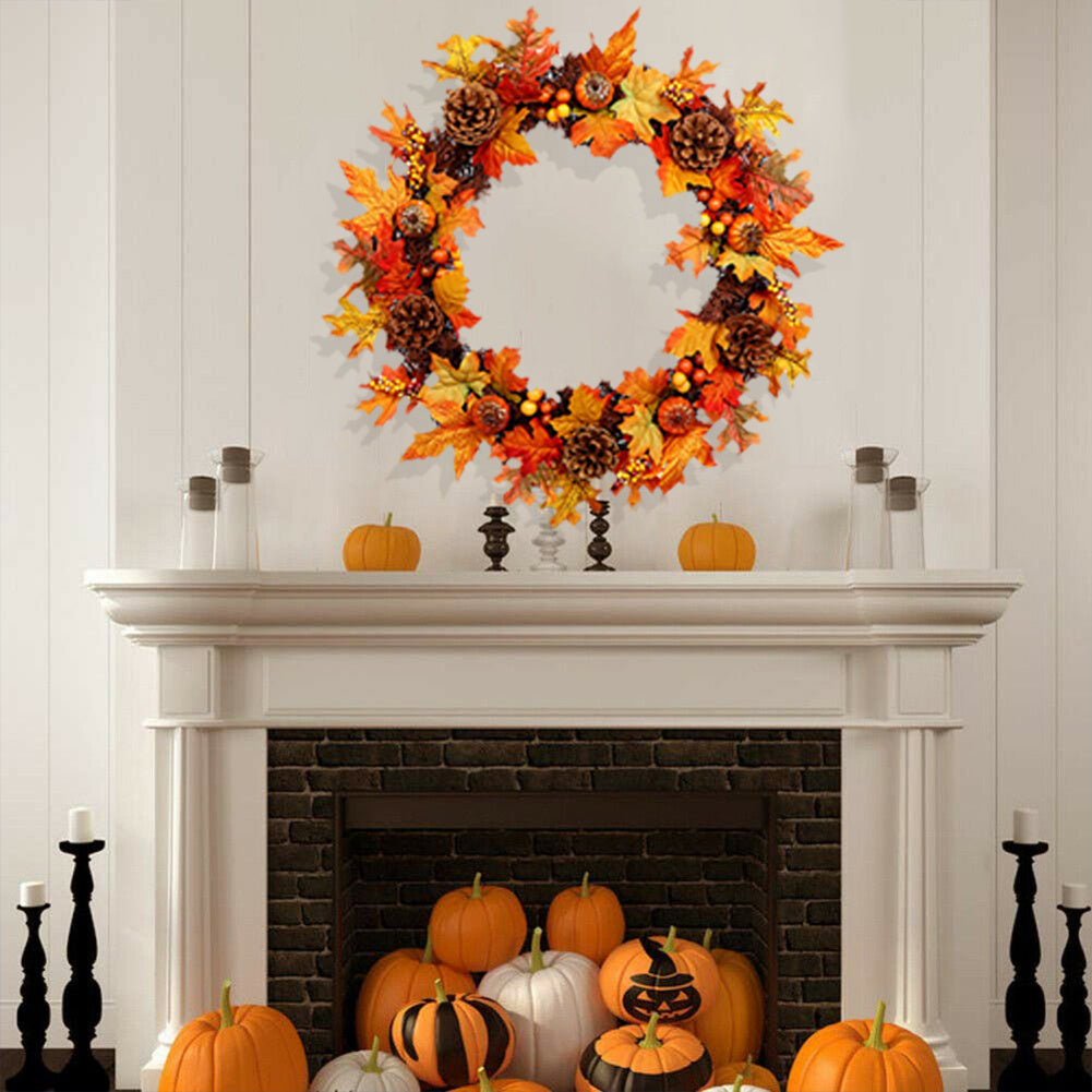 40cm/60cm LED Halloween Decor Fall Door Hanging Wreath Autumn Maple Leaf Garland