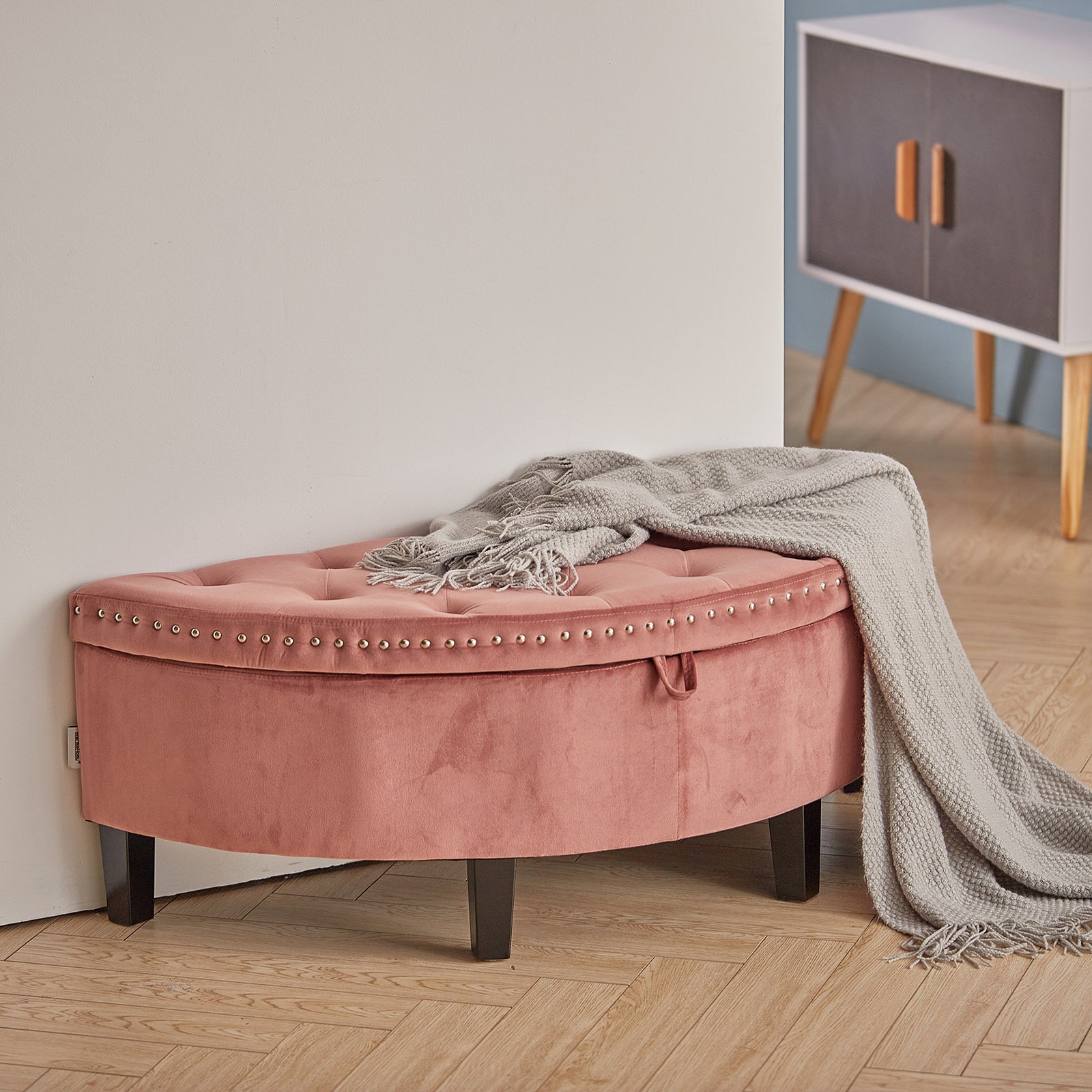 Velvet Ottoman Storage Bench Semi Round Chest Box Chair Footstool Wall Side Seat