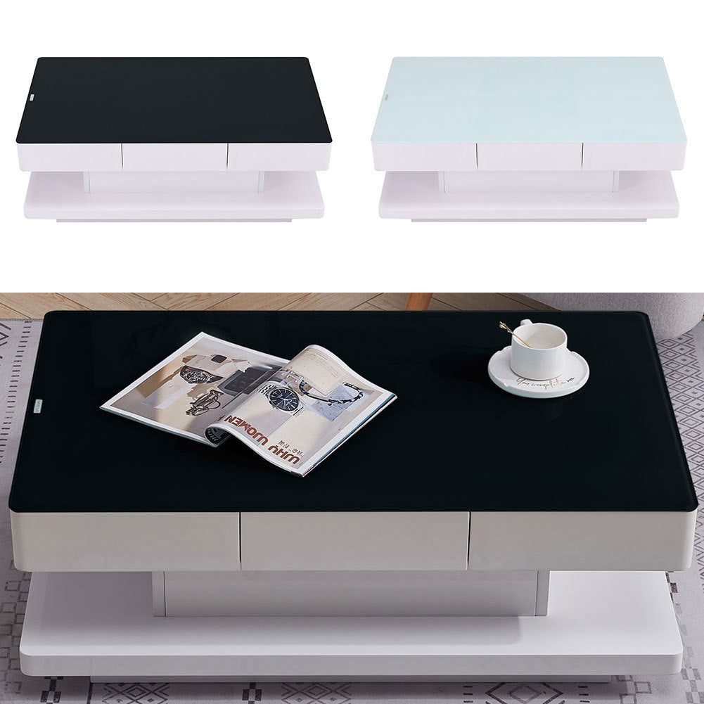 High Gloss Top Tempered Glass Coffee Table White Base End Table With 2 Drawers