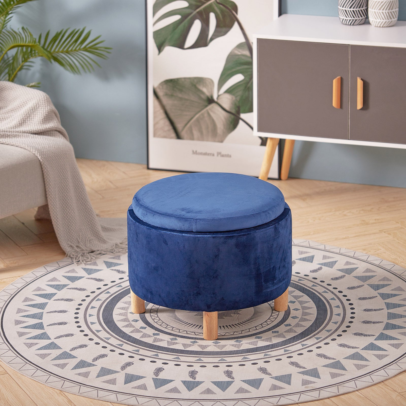 Wooden Round Velvet Stool Pouffe Foot Stool End Table Coffee Tea Tables