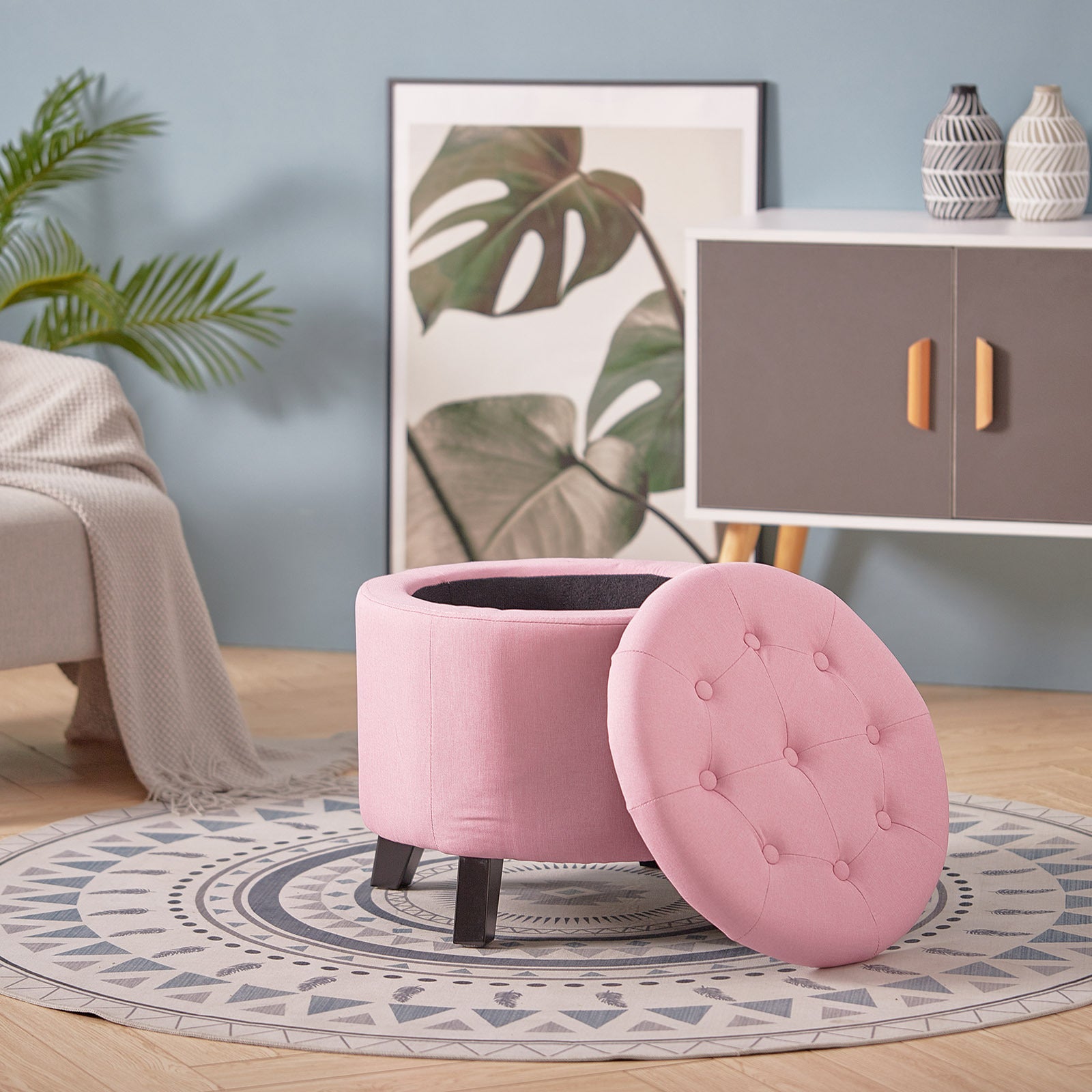 Linen Round Ottoman Footrest Storage Stool Vanity Bedroom Living Room Chair