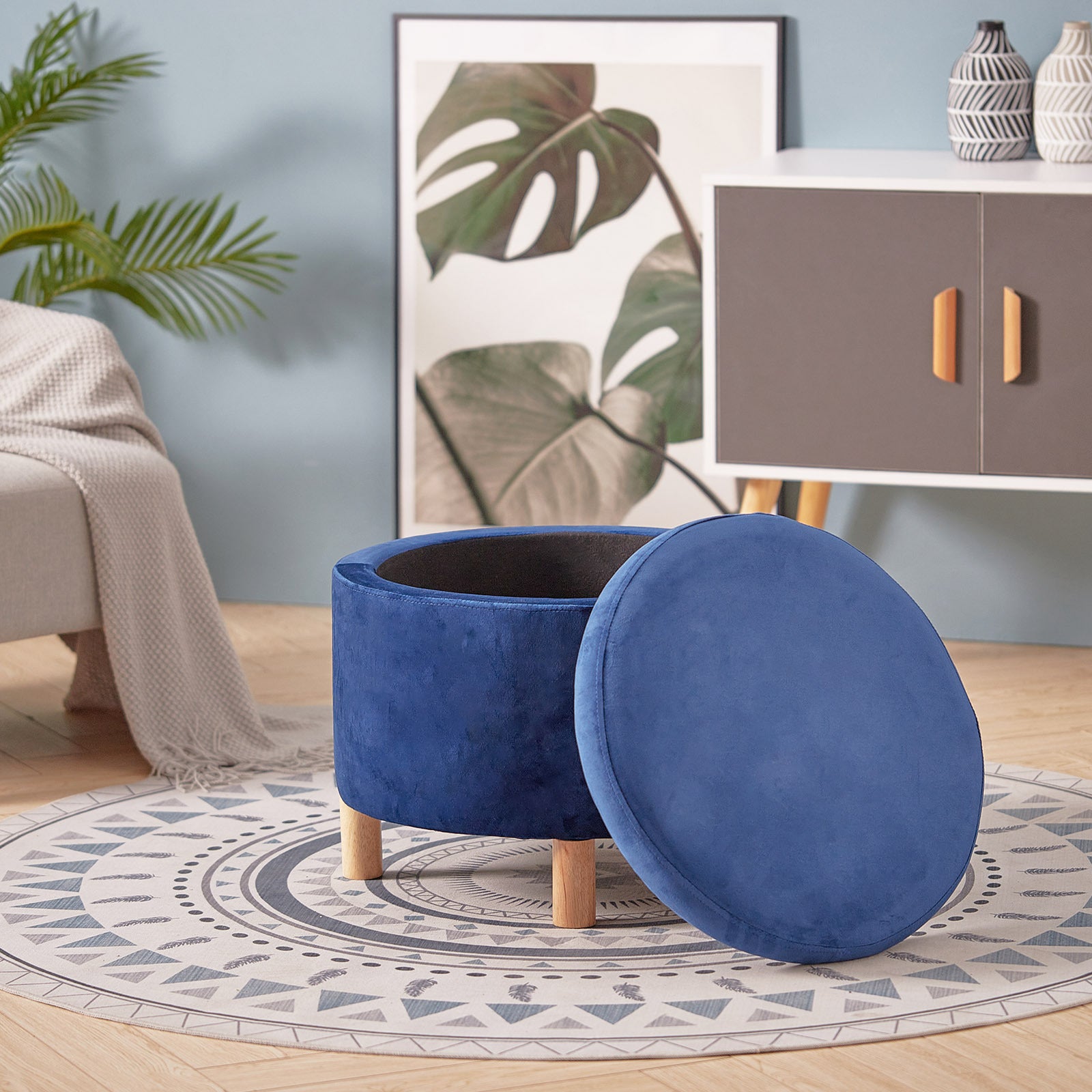 Wooden Round Velvet Stool Pouffe Foot Stool End Table Coffee Tea Tables