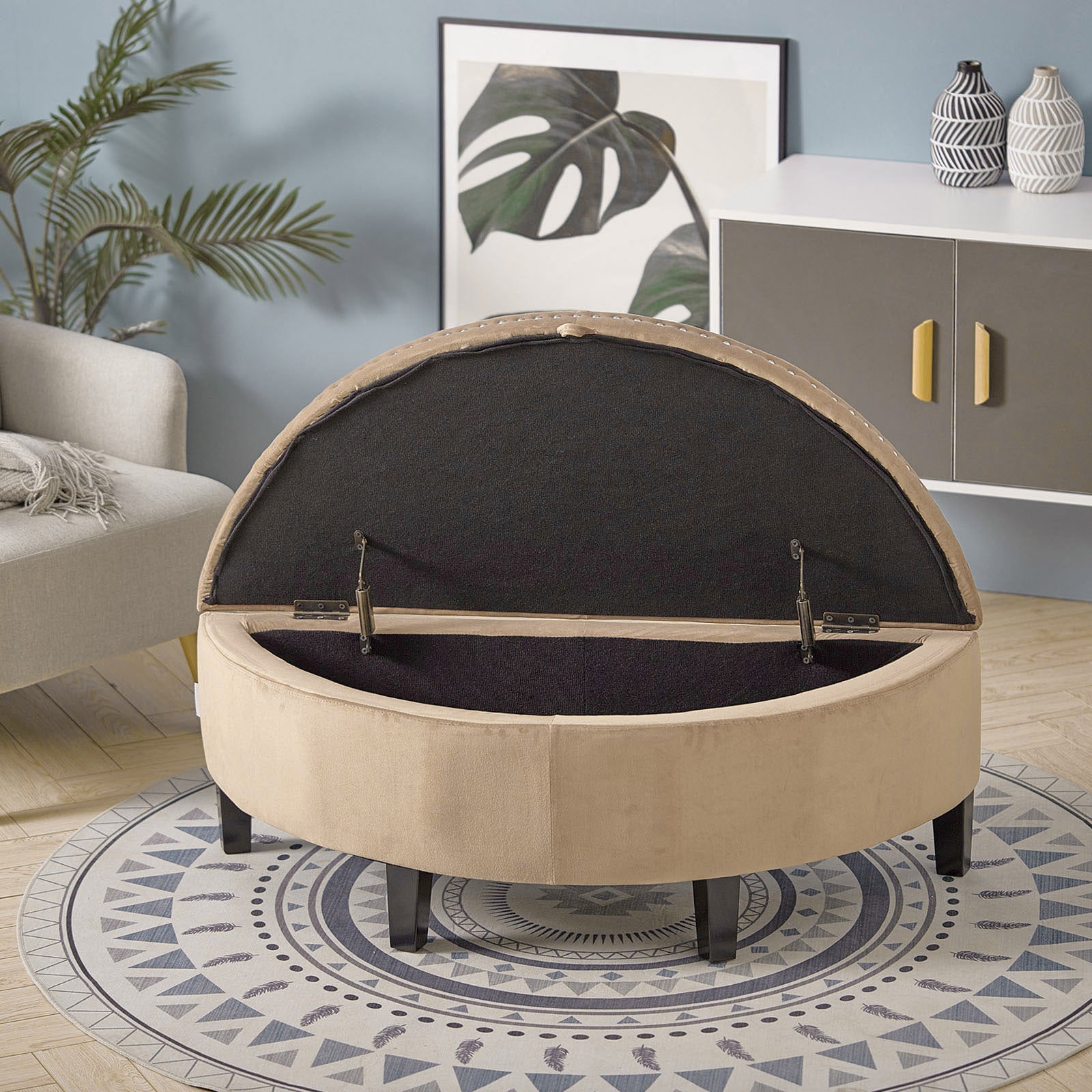 Velvet Ottoman Storage Bench Semi Round Chest Box Chair Footstool Wall Side Seat