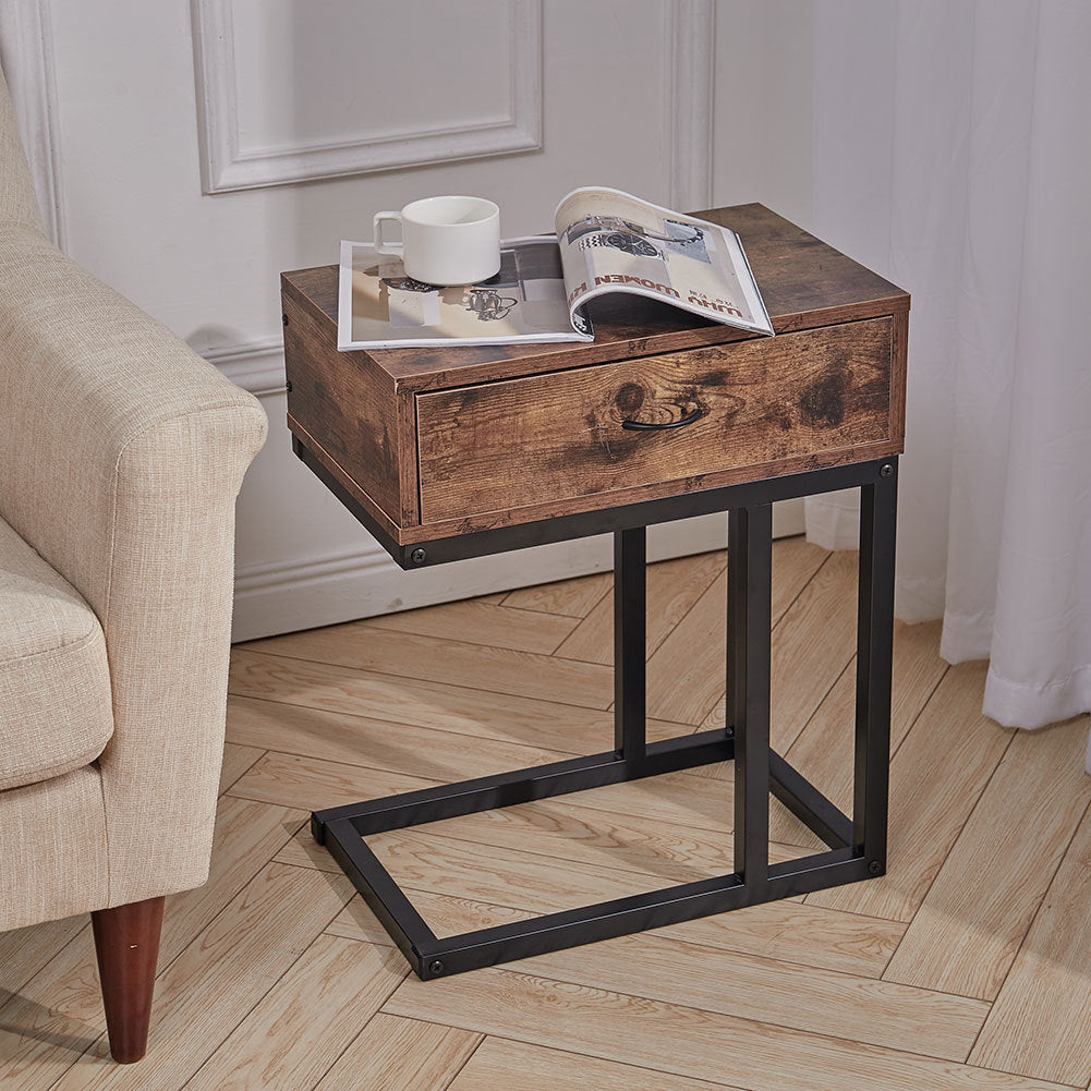 Vintage C-Shaped Sofa Side End Coffee Table with Drawer