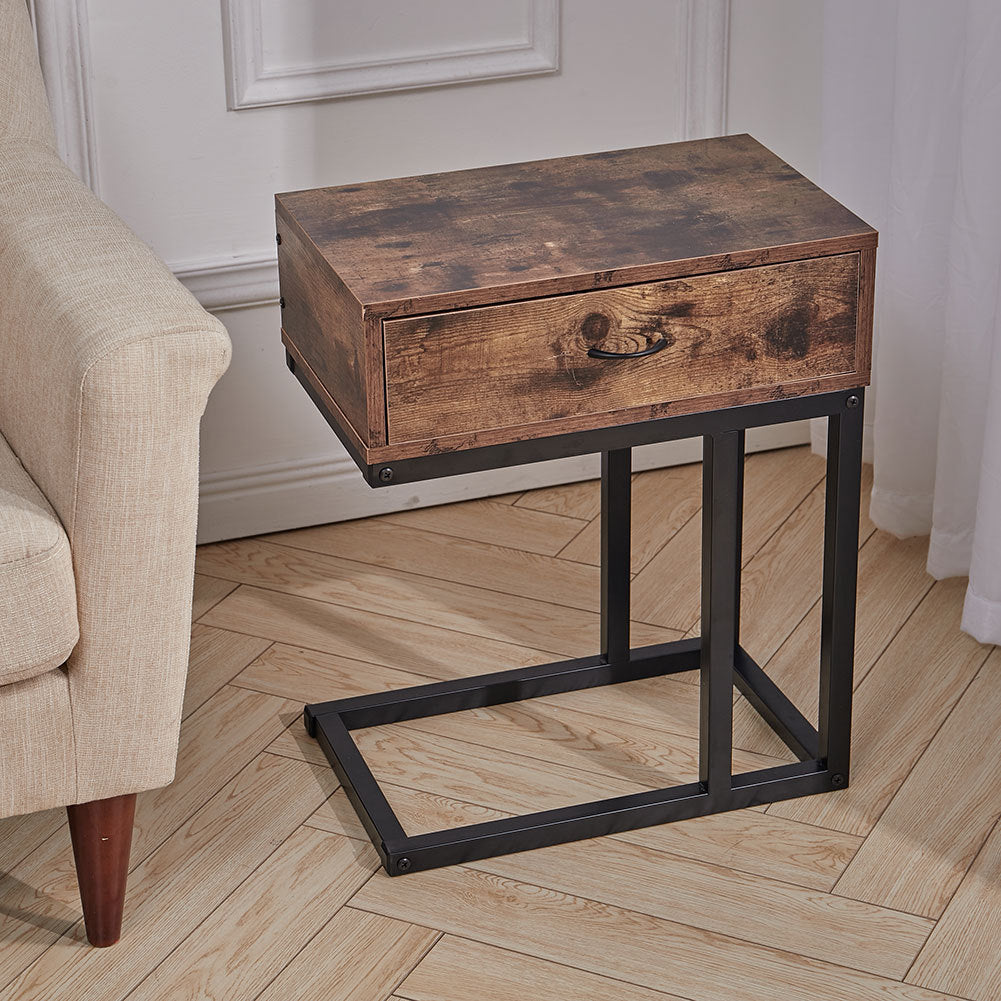 Vintage C-Shaped Sofa Side End Coffee Table with Drawer