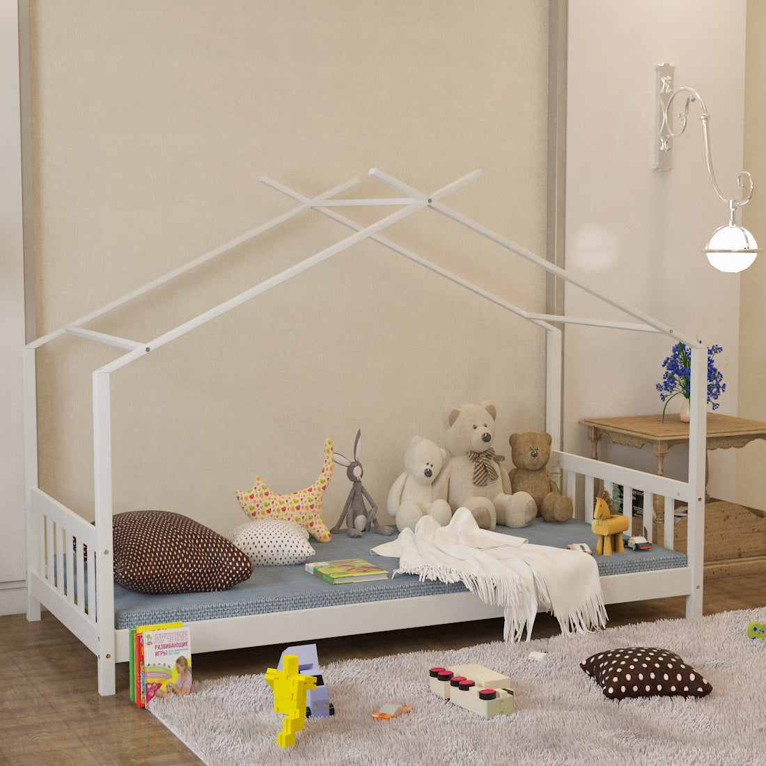 Pine Wood Kids Children Large Single Bed House Bed Frame
