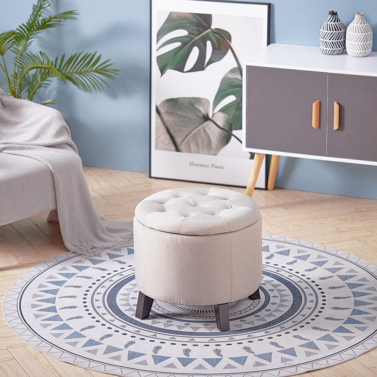 Linen Round Ottoman Footrest Storage Stool Vanity Bedroom Living Room Chair