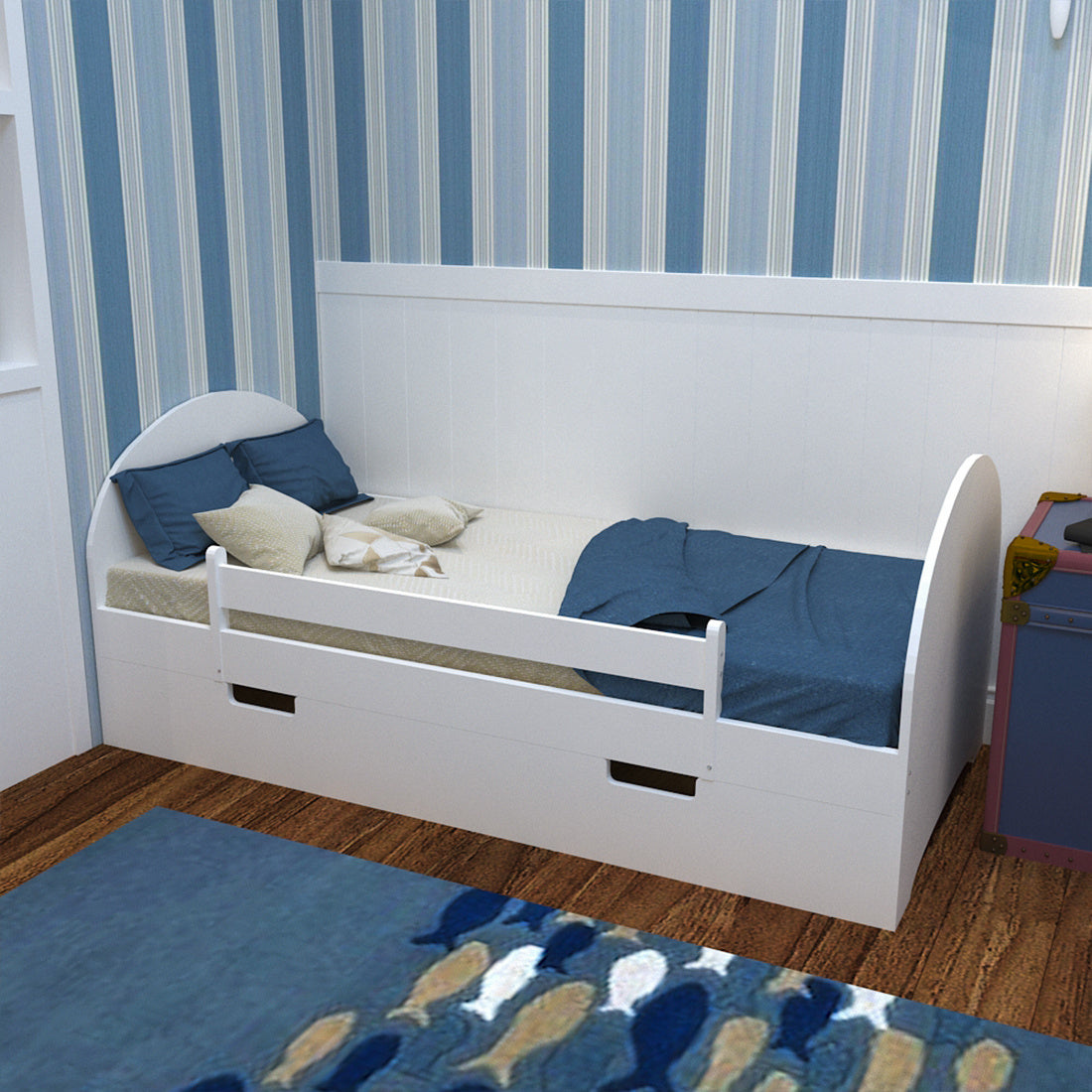 Solid Pine Wood Kids Children Bed Frame Drawers & Safety Rails