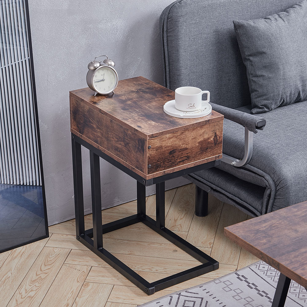 Vintage C-Shaped Sofa Side End Coffee Table with Drawer
