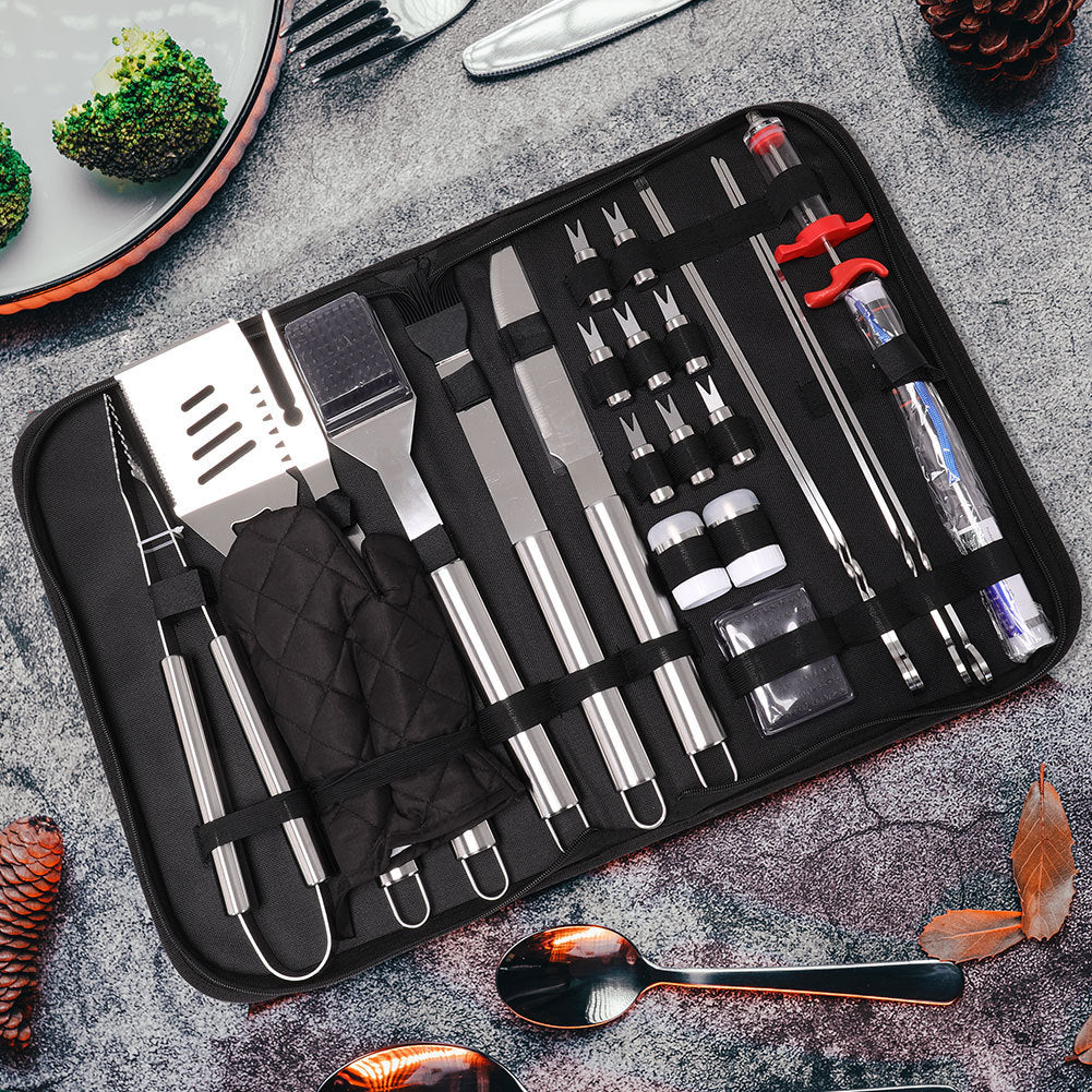 25Pcs Steel BBQ Grill Tool Set Barbecue Utensils Cutlery Kit