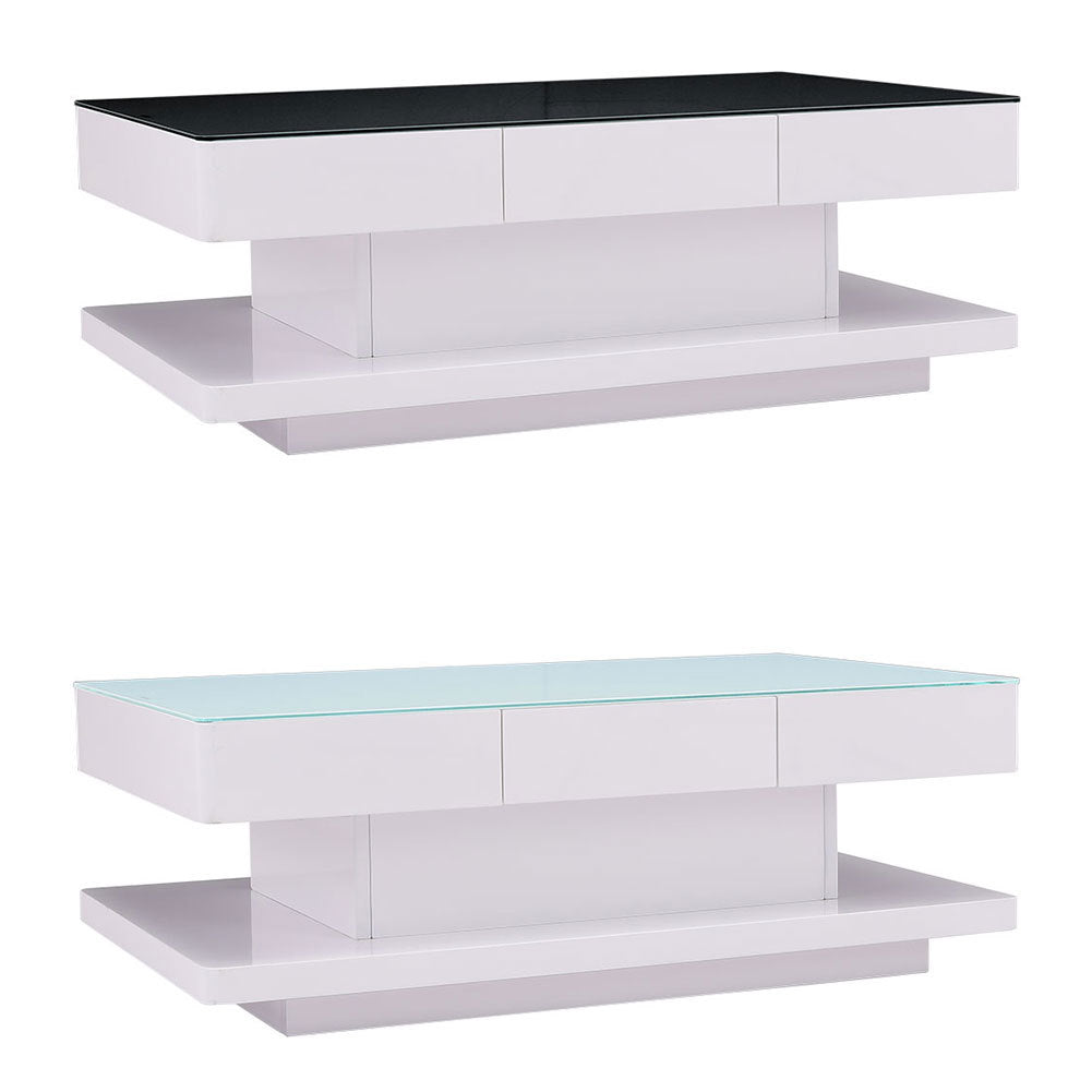 High Gloss Top Tempered Glass Coffee Table White Base End Table With 2 Drawers