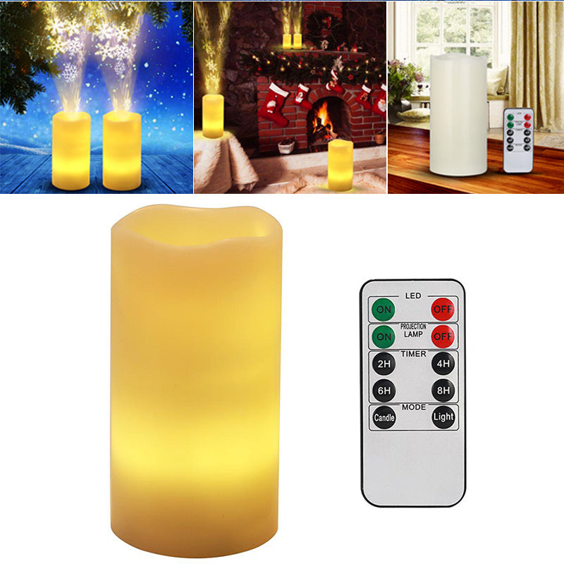 LED Flameless Pillar Candle Light Night Light Snowflake Projection 4 Timing Mode