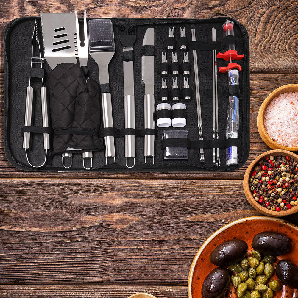 25Pcs Steel BBQ Grill Tool Set Barbecue Utensils Cutlery Kit