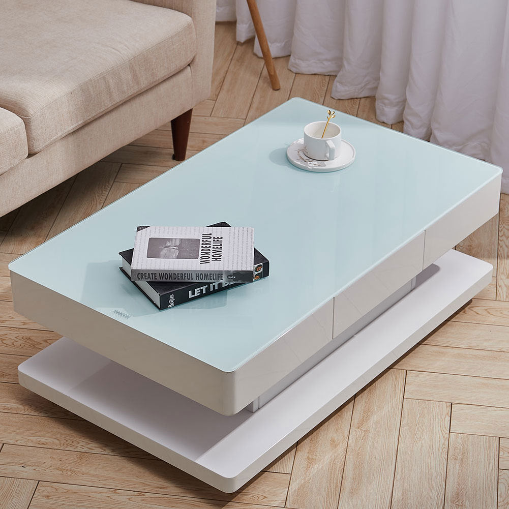 High Gloss Top Tempered Glass Coffee Table White Base End Table With 2 Drawers