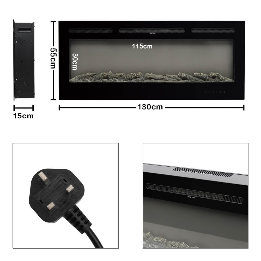 50 Inch Wall Recessed LED Electric Fireplace Dimmable Log Crystal Flame