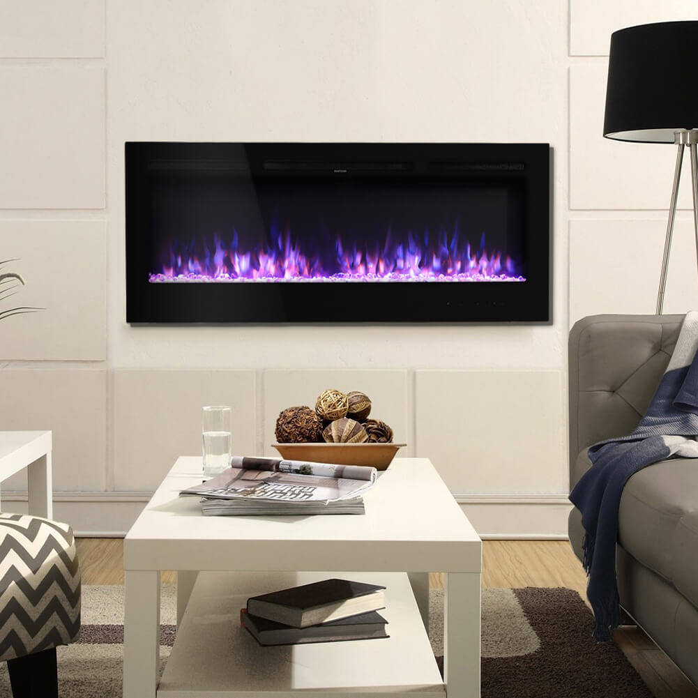 50 Inch Wall Recessed LED Electric Fireplace Dimmable Log Crystal Flame