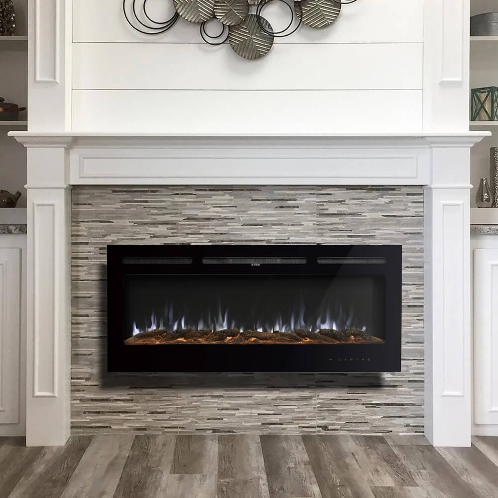 50 Inch Wall Recessed LED Electric Fireplace Dimmable Log Crystal Flame