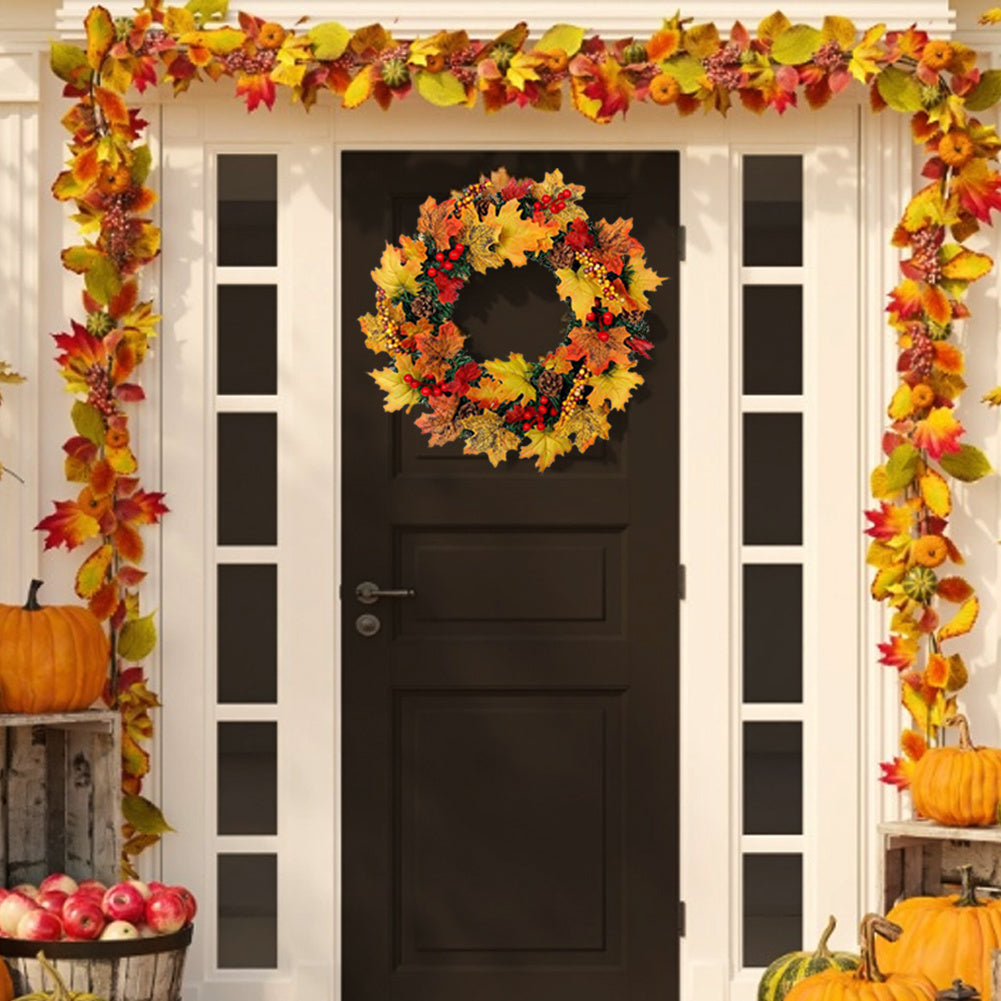 40cm/60cm LED Halloween Decor Fall Door Hanging Wreath Autumn Maple Leaf Garland