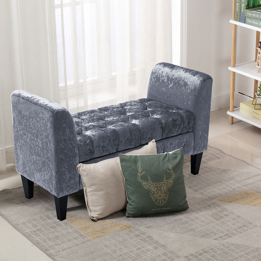 Upholstered Velvet Bed End Bench Tufted Storage Ottoman Chaise Scroll Arms