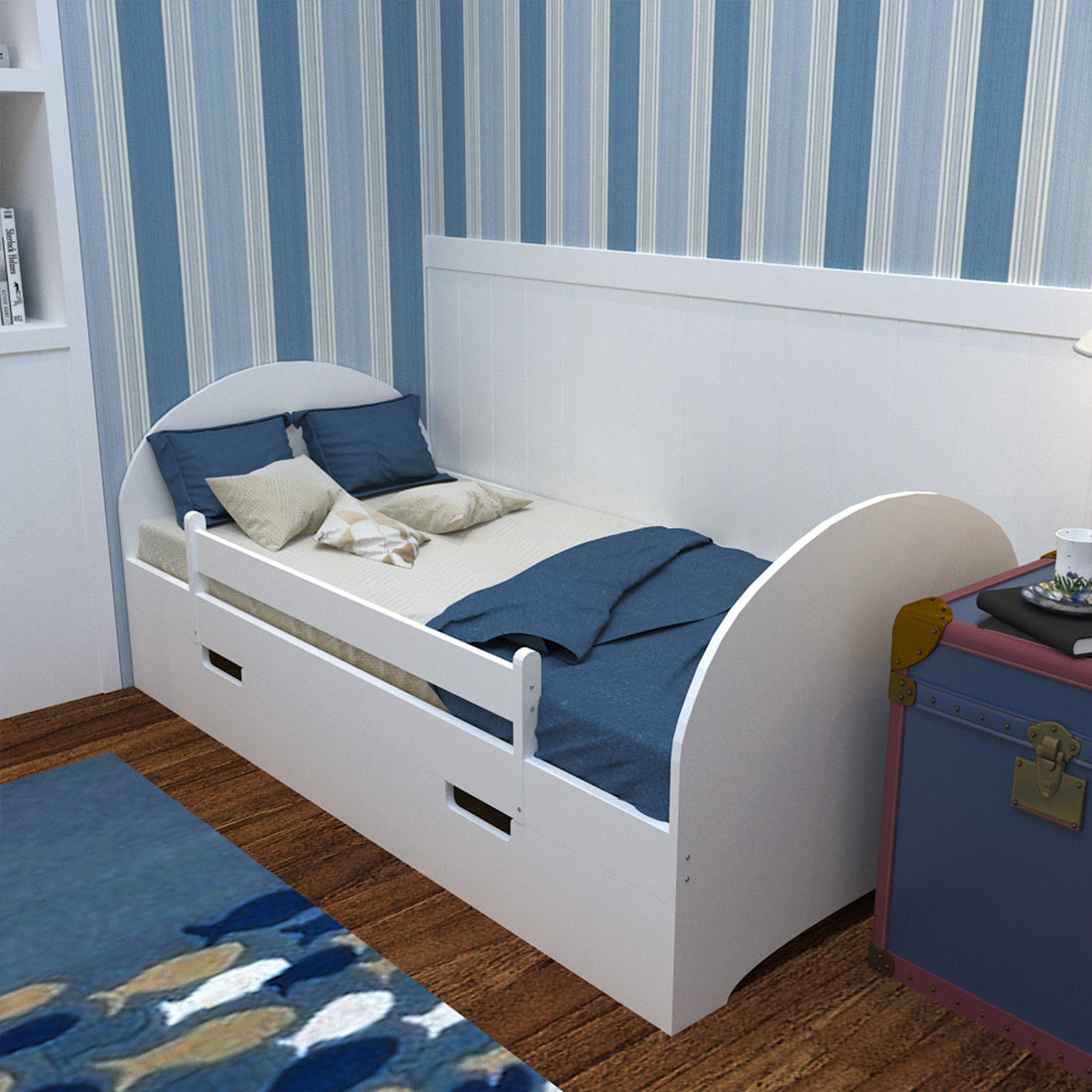 Solid Pine Wood Kids Children Bed Frame Drawers & Safety Rails