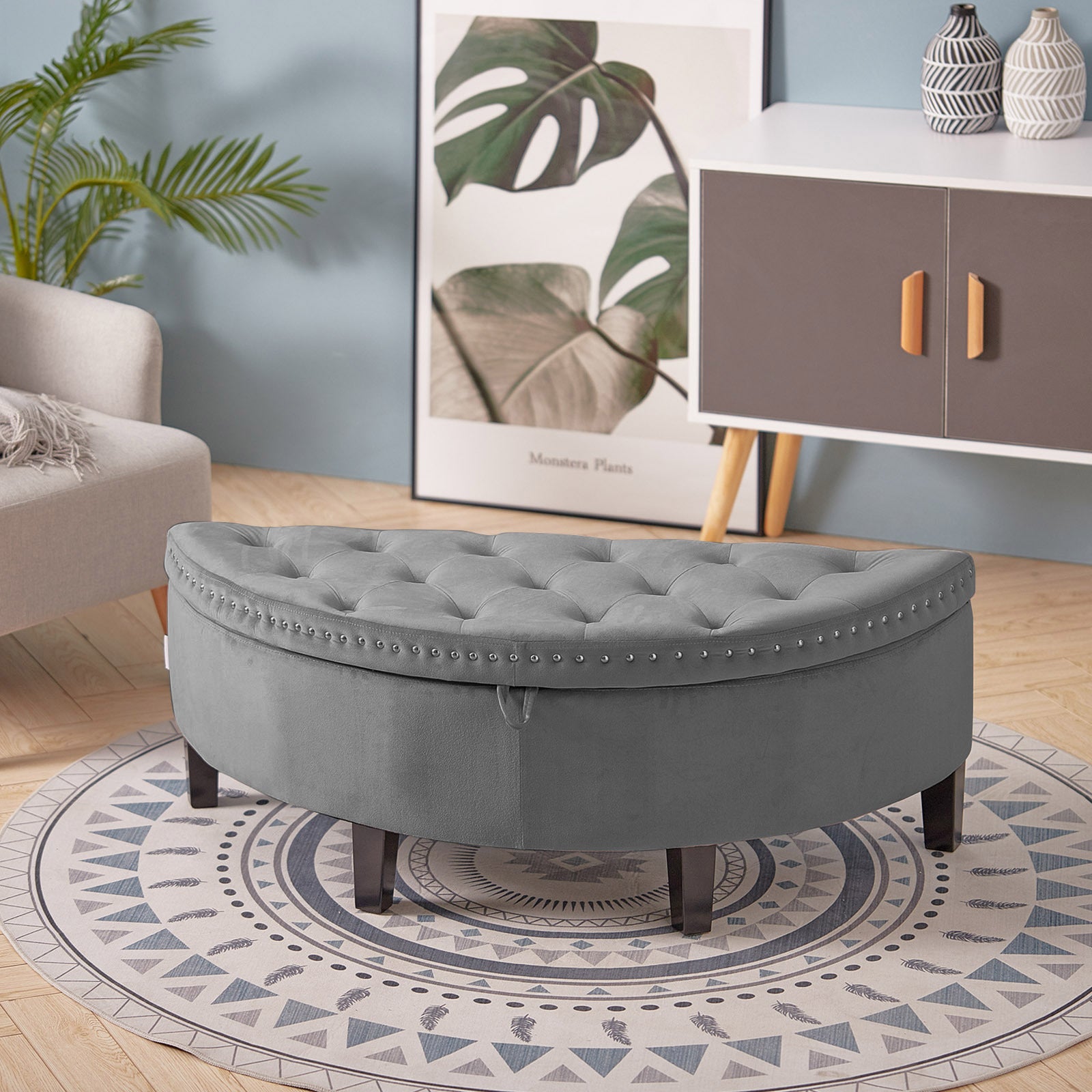 Velvet Ottoman Storage Bench Semi Round Chest Box Chair Footstool Wall Side Seat