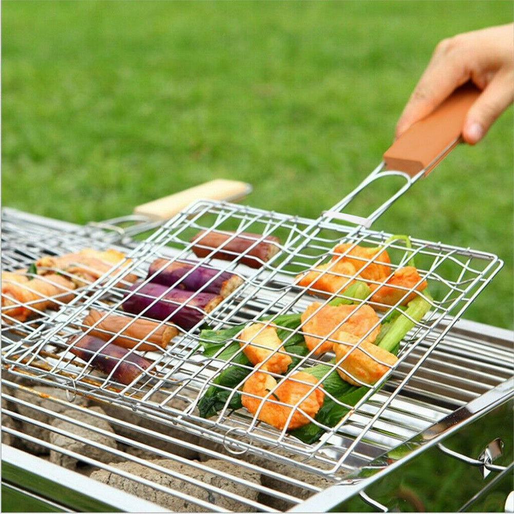 Stainless Steel BBQ Grill Basket Wooden Handle