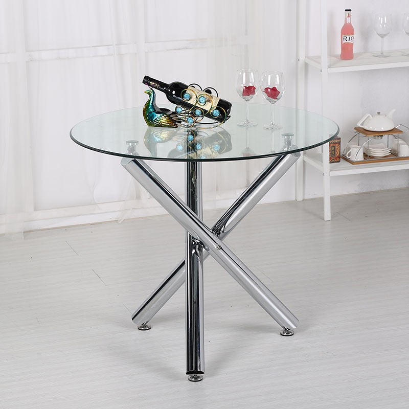 Modern Round Tempered Glass End Table Accent Table in Silver Chrome