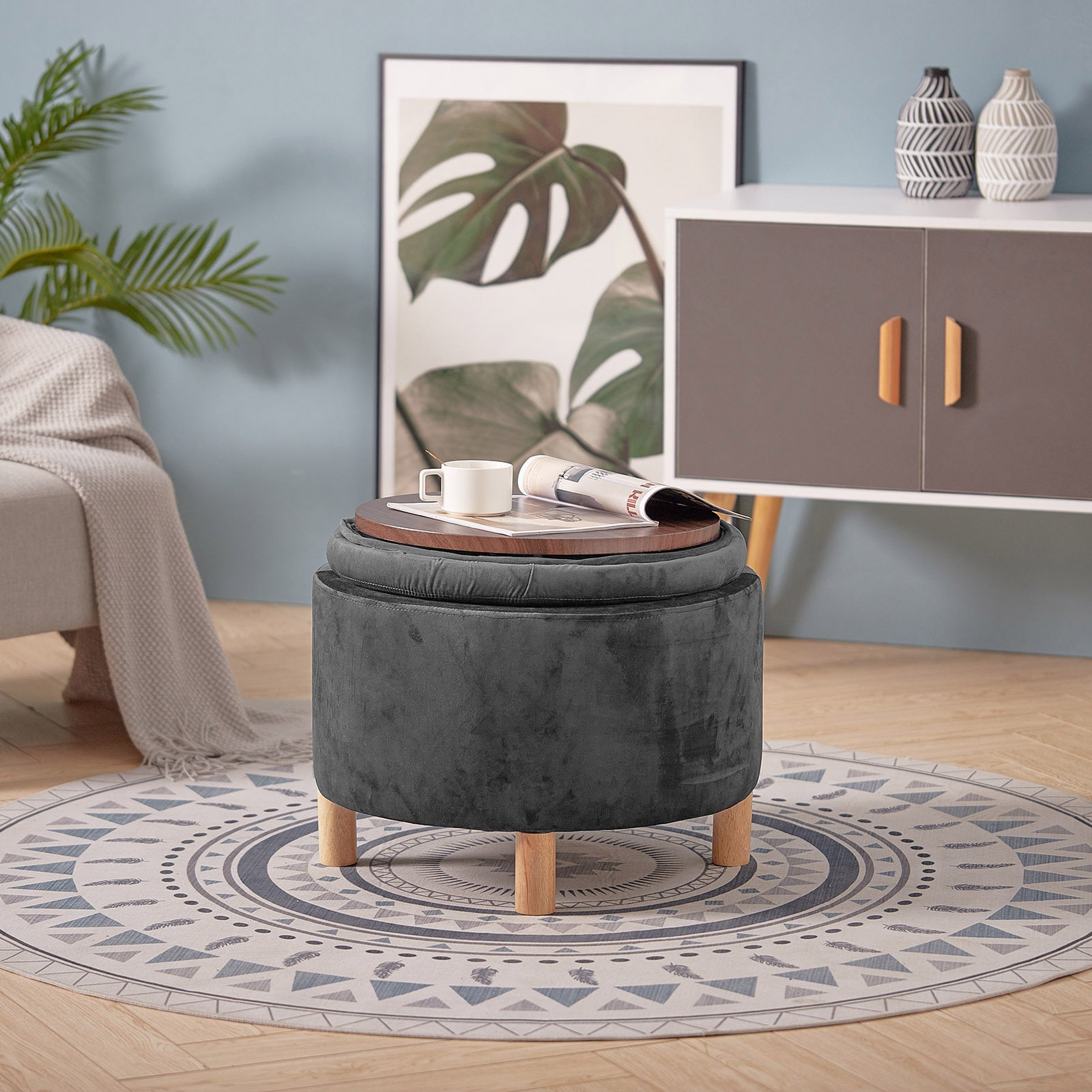 Wooden Round Velvet Stool Pouffe Foot Stool End Table Coffee Tea Tables