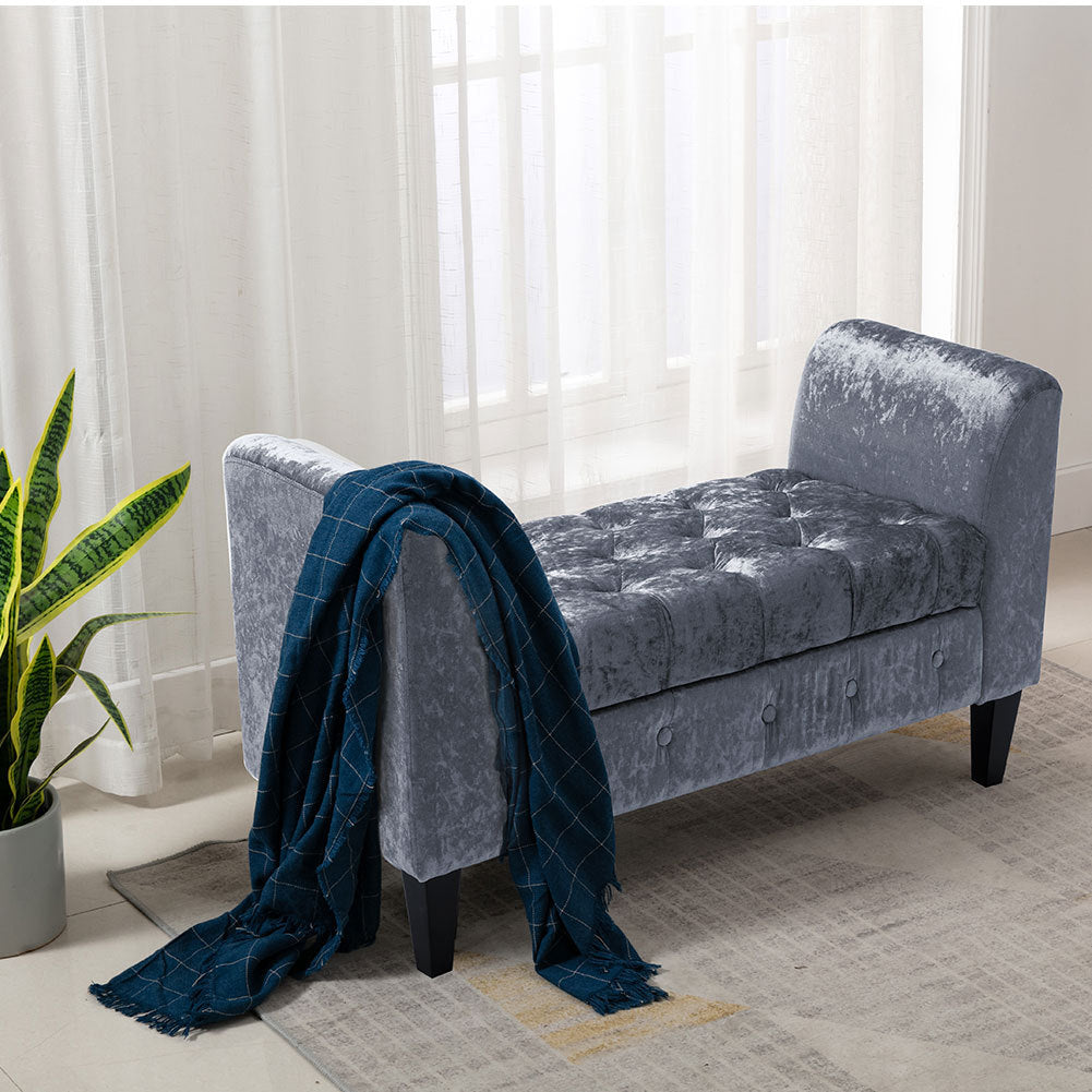 Upholstered Velvet Bed End Bench Tufted Storage Ottoman Chaise Scroll Arms