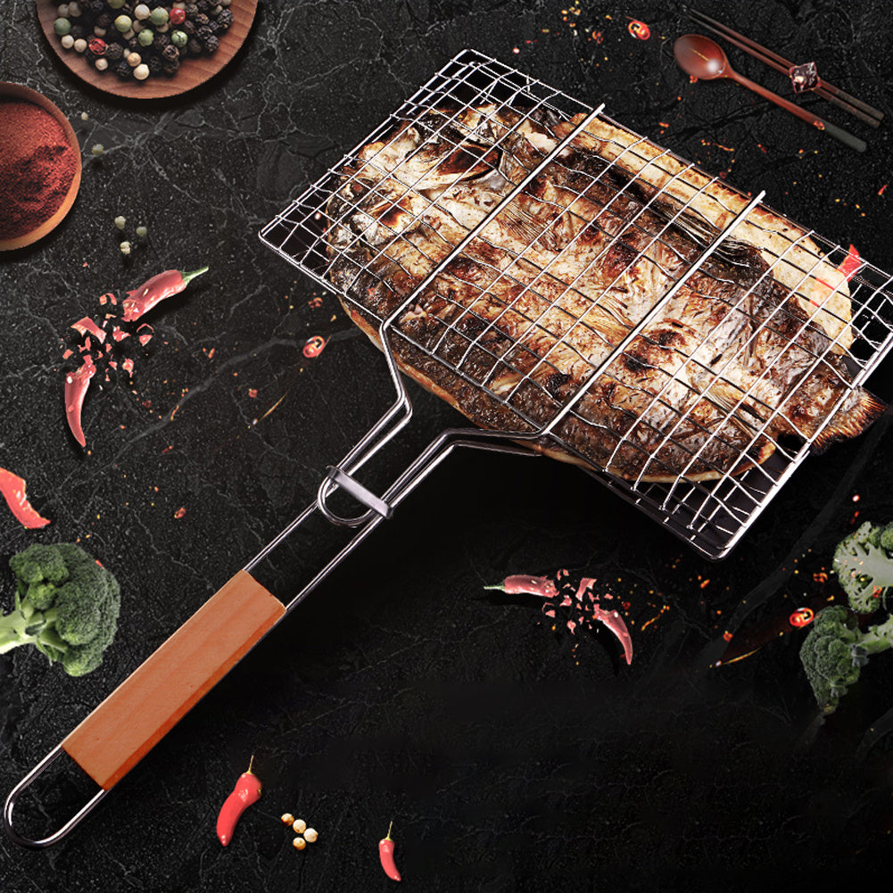 Stainless Steel BBQ Grill Basket Wooden Handle