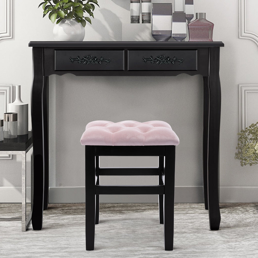 Vanity Dressing Table Stool Button Top Padded Makeup Chair with Wooden Legs