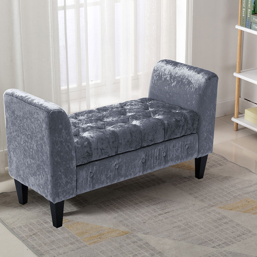 Upholstered Velvet Bed End Bench Tufted Storage Ottoman Chaise Scroll Arms