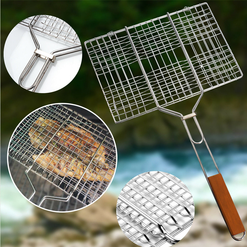 Stainless Steel BBQ Grill Basket Wooden Handle