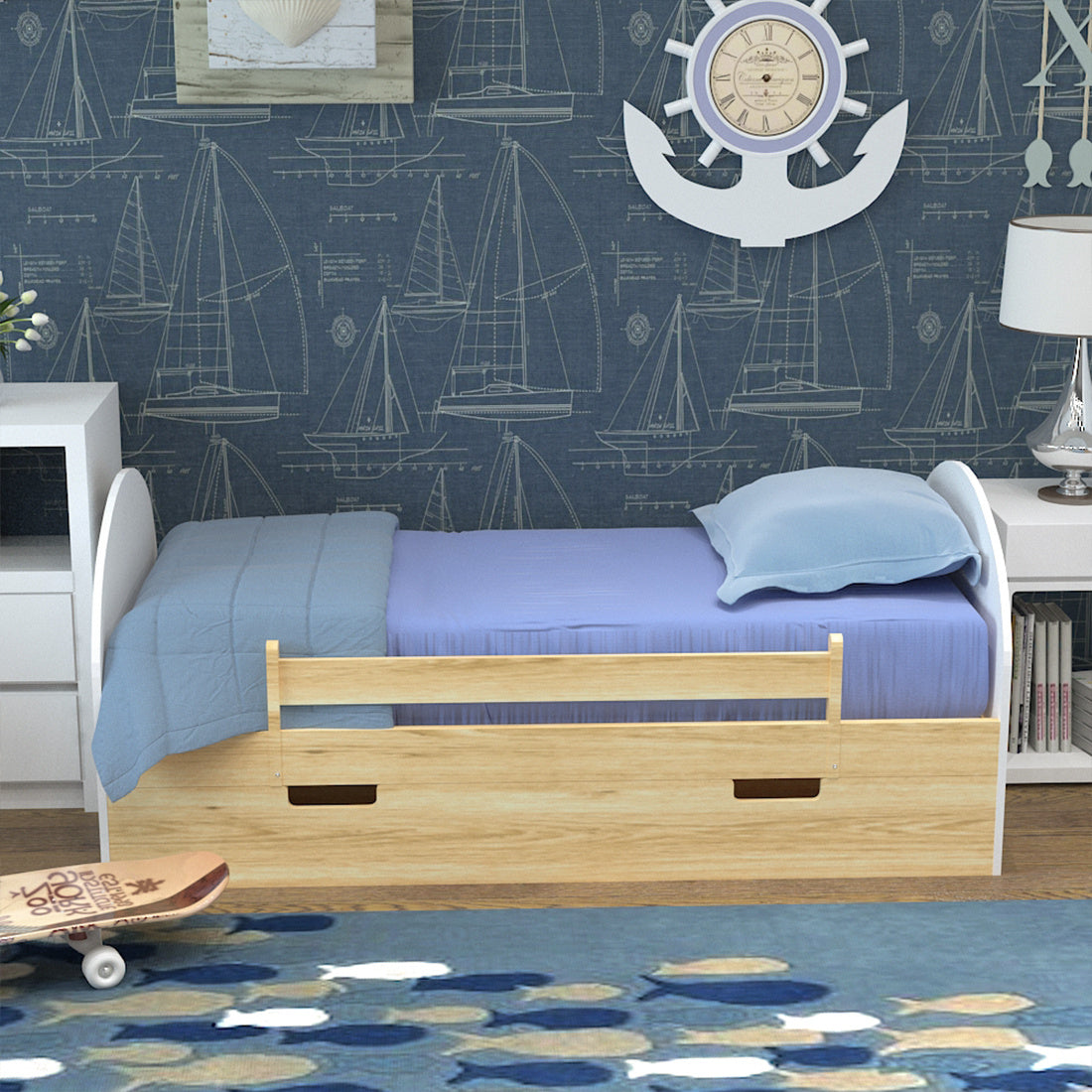 Solid Pine Wood Kids Children Bed Frame Drawers & Safety Rails