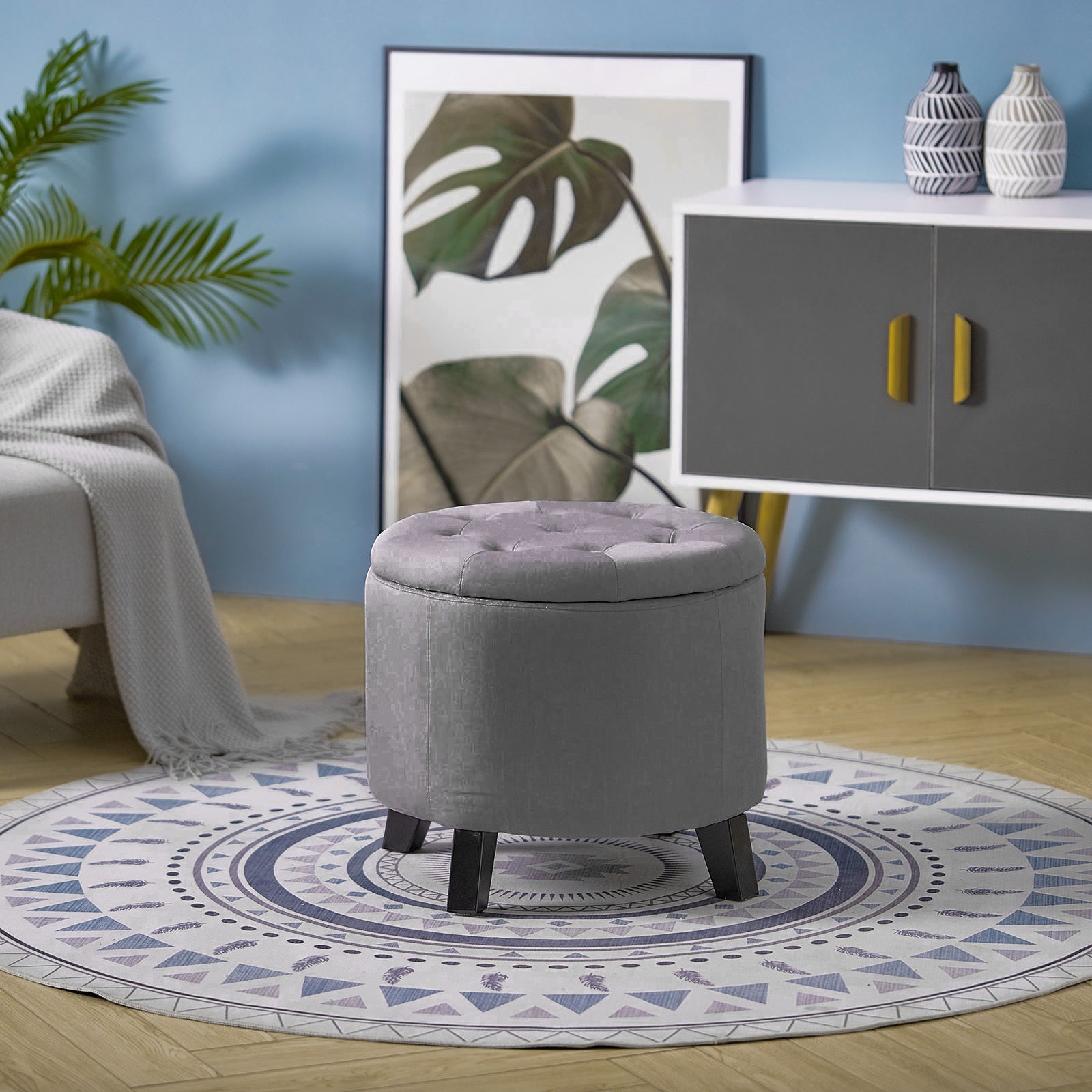 Linen Round Ottoman Footrest Storage Stool Vanity Bedroom Living Room Chair