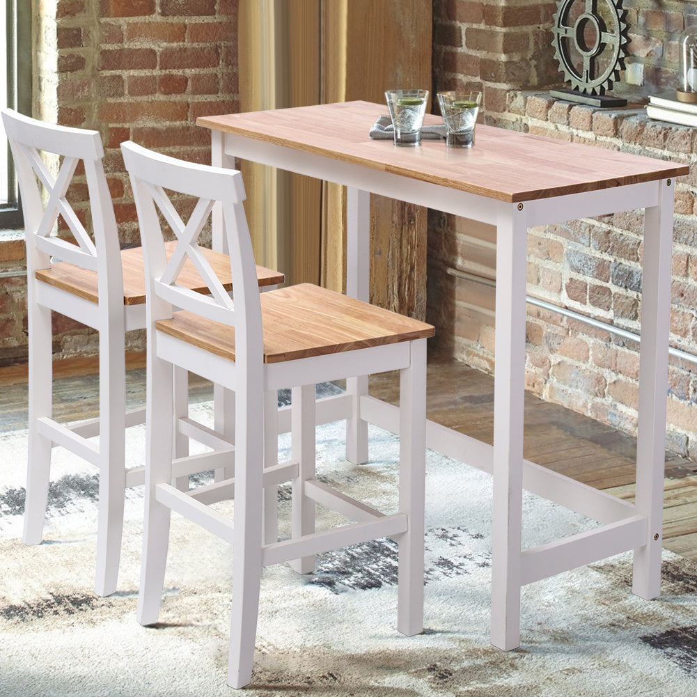 3 Piece Pine Pub Bar Table Set Kitchen Counter Height Table Set with 2 Stools